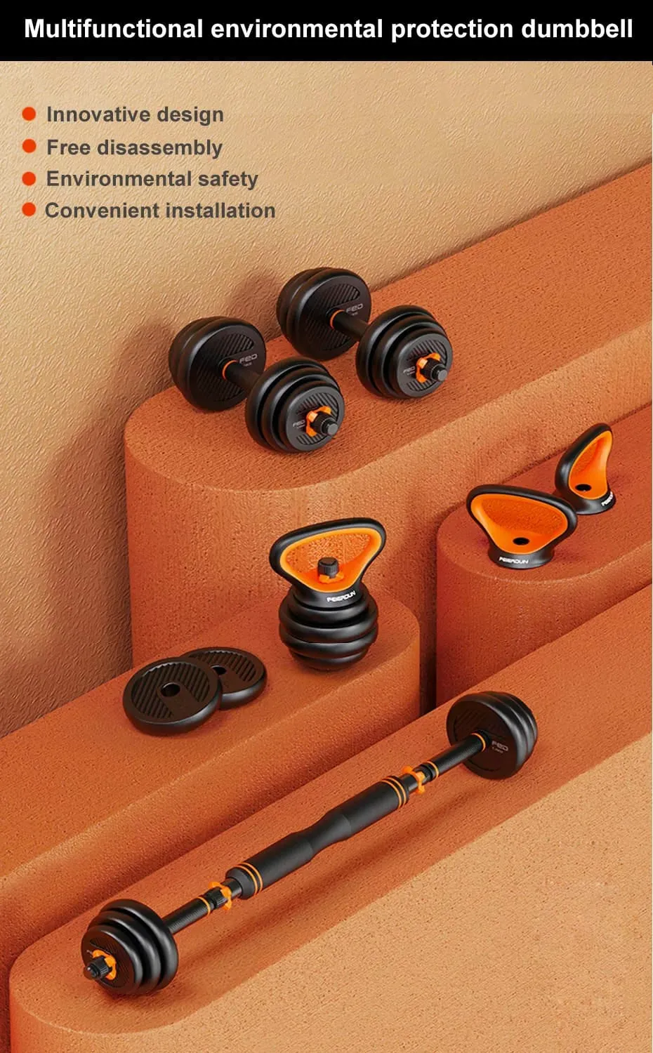 4 in 1 Adjustable 40Kg Dumbbell, Barbell, Kettlebell, Push-Up Stands Fitness Gym Home Work Out Set