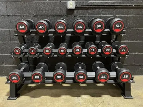 5LB-50LB Pro Style Rubber Dumbbell Set With 3-Tier 10-Pair Dumbbell Rack