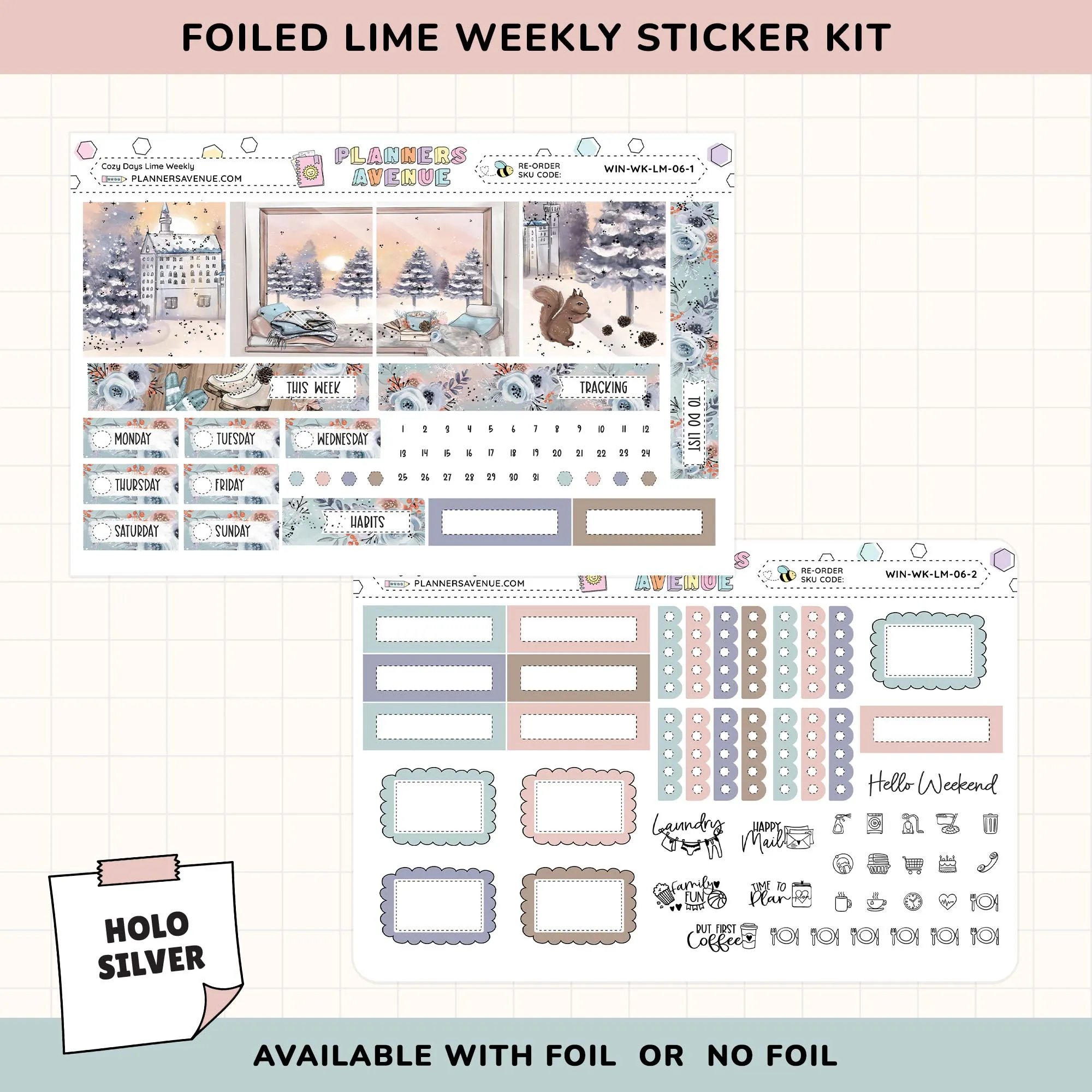 Cozy Days Lime Weekly Planner Sticker Foiled Kit (HOLO SILVER FOIL)