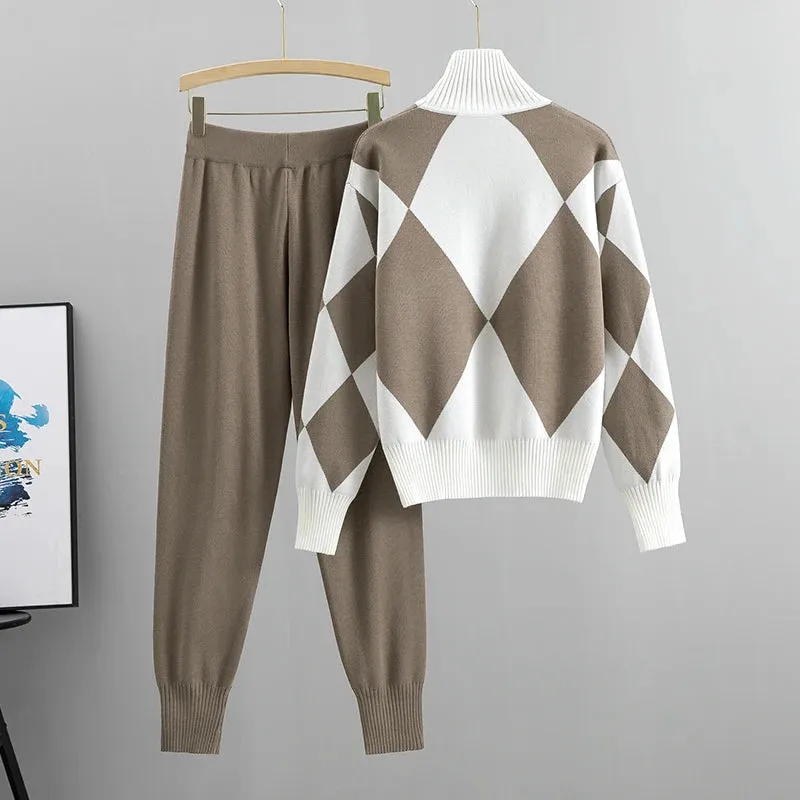 Diamond Pattern Knit Co-ord Set  Cosy Two-Piece Lounge Set for Women