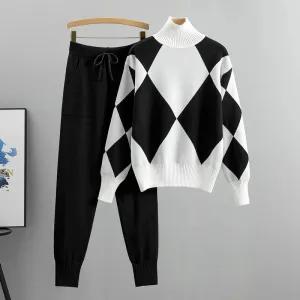 Diamond Pattern Knit Co-ord Set  Cosy Two-Piece Lounge Set for Women