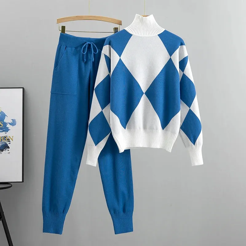 Diamond Pattern Knit Co-ord Set  Cosy Two-Piece Lounge Set for Women