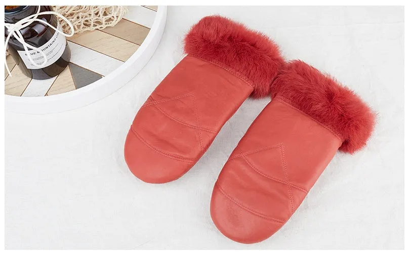 Leather Mittens Women's Winter Thickened Casual Warm Cycling Leather Gloves