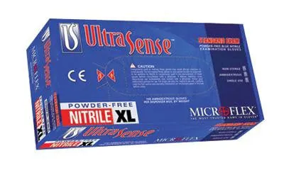 Microflex Medium Blue 9.5" UltraSense 3 1/2 mil Nitrile Ambidextrous Non-Sterile Powder-Free Disposable Gloves With Textured Fingers Finish And Beaded Cuffs (100 Each Per Box)