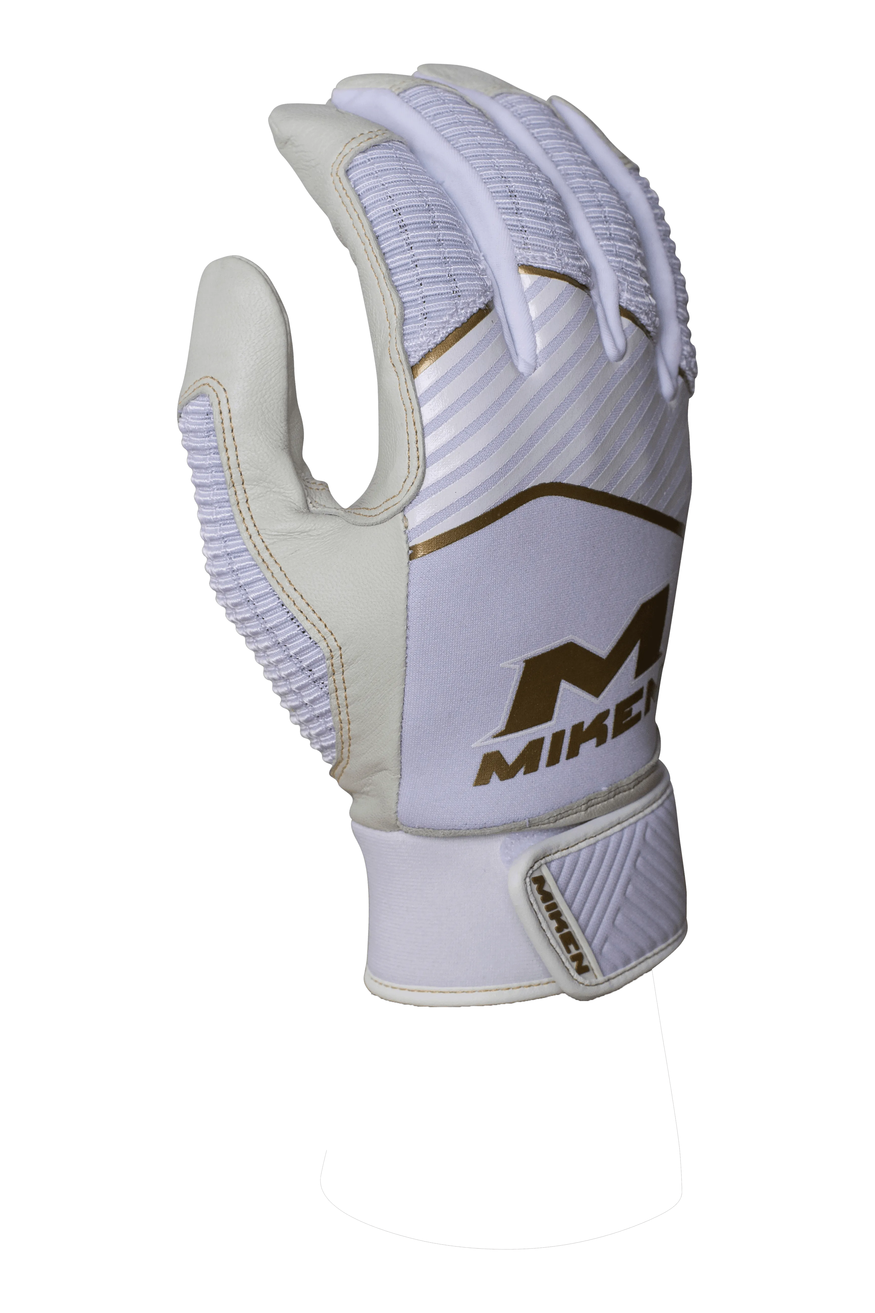 Miken Softball MK7X Adult White and Gold Batting Gloves: MBGGLD-WHT