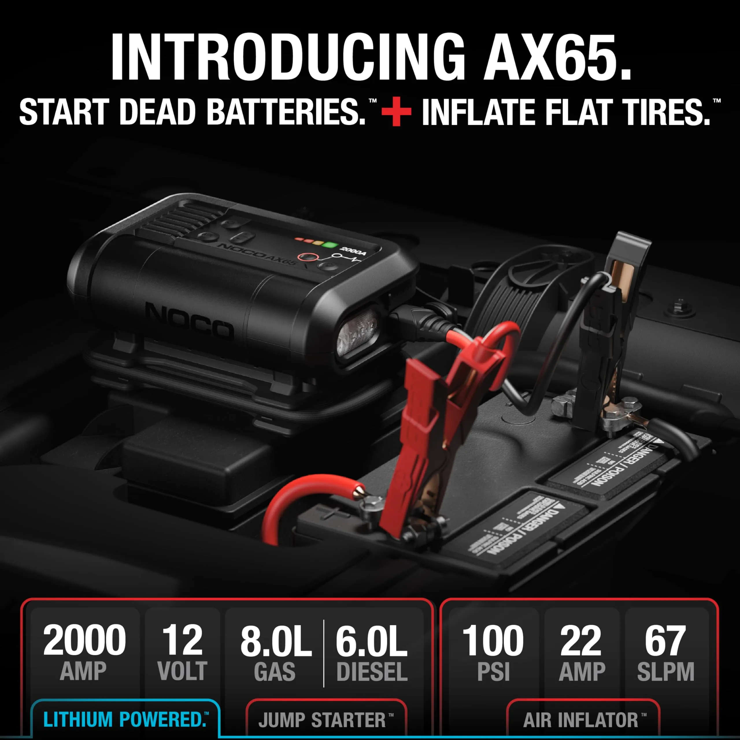 NOCO Boost Air AX65: 2000A Jump Starter with 22A 100 PSI Air Compressor - 8.0L Gasoline and 6.0L Diesel Engines - Inflating Tires from 0-40 PSI in 2.0 Minutes