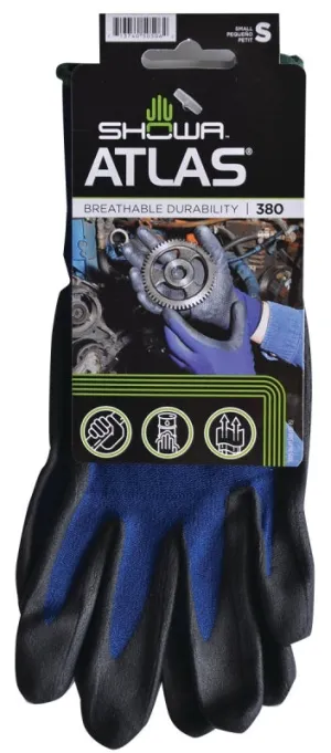 Showa 380S-06.RT Coated Gloves, S, 8-21/32 to 10-15/64 in L, Elastic Cuff, Nitrile Foam Coating, Black/Blue :PR: QUANTITY: 1